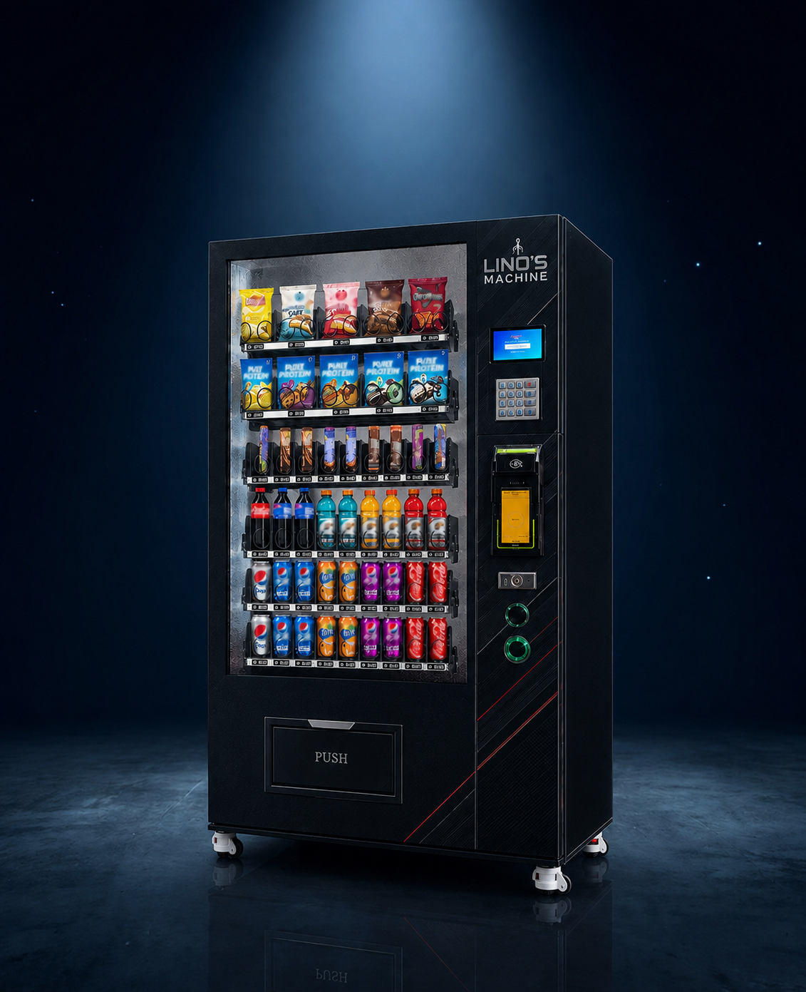 Vending machine de snacks e bebidas com prateleiras iluminadas em azul