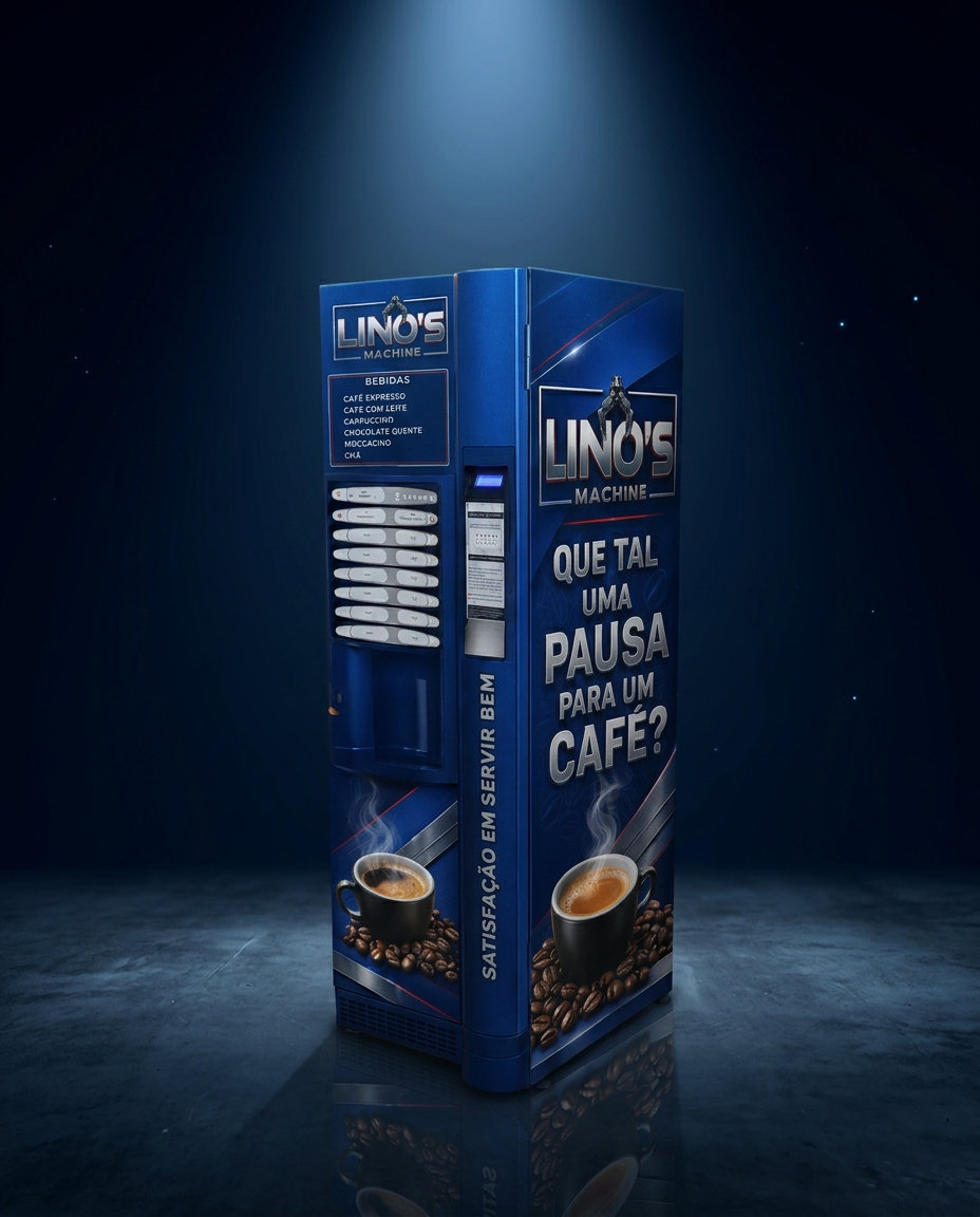 Máquina de café azul da Lino's Machine em cenário tecnológico com iluminação azul e piso reflexivo