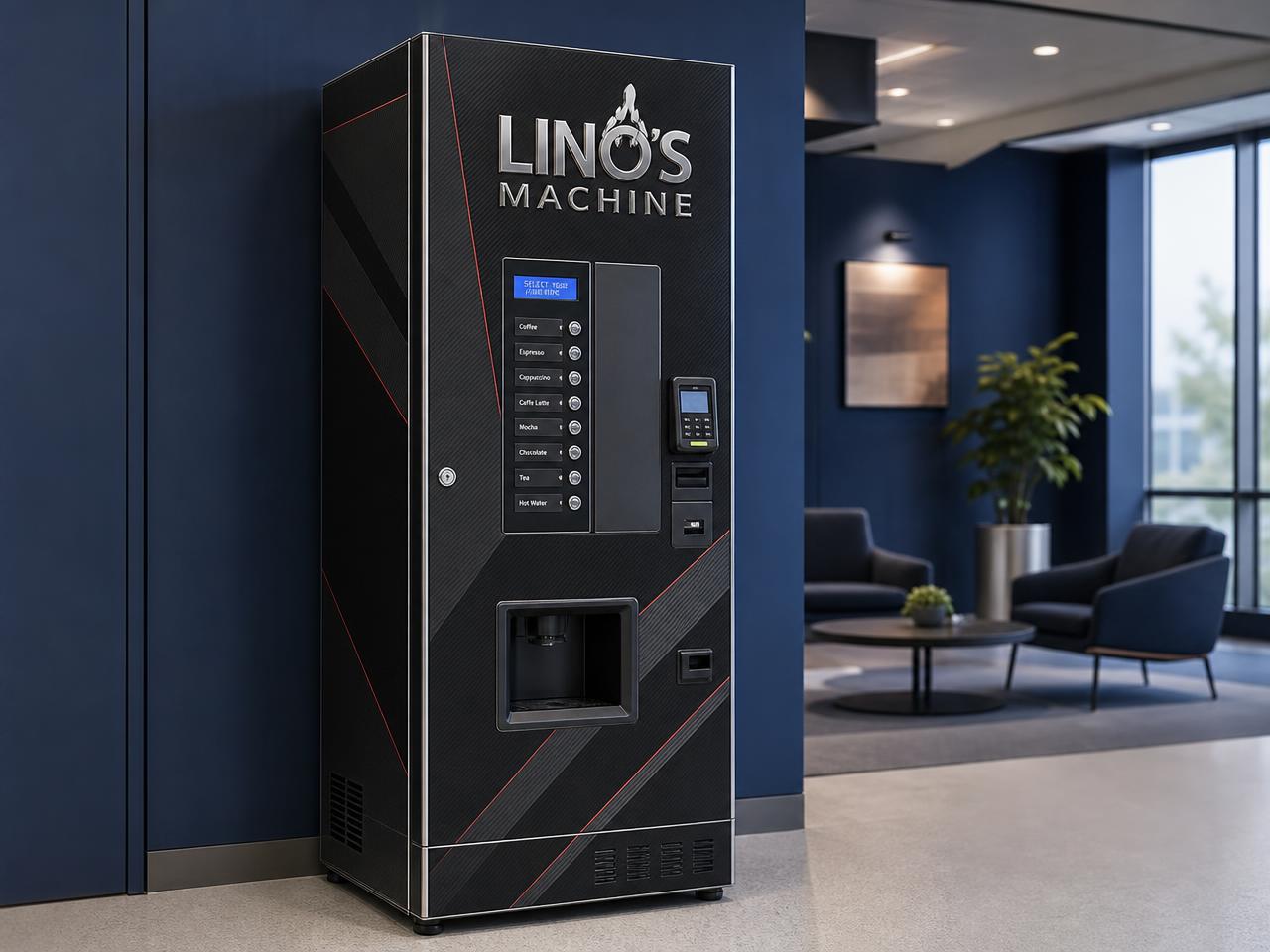 Máquina de café plotada com a identidade oficial Lino's Machine