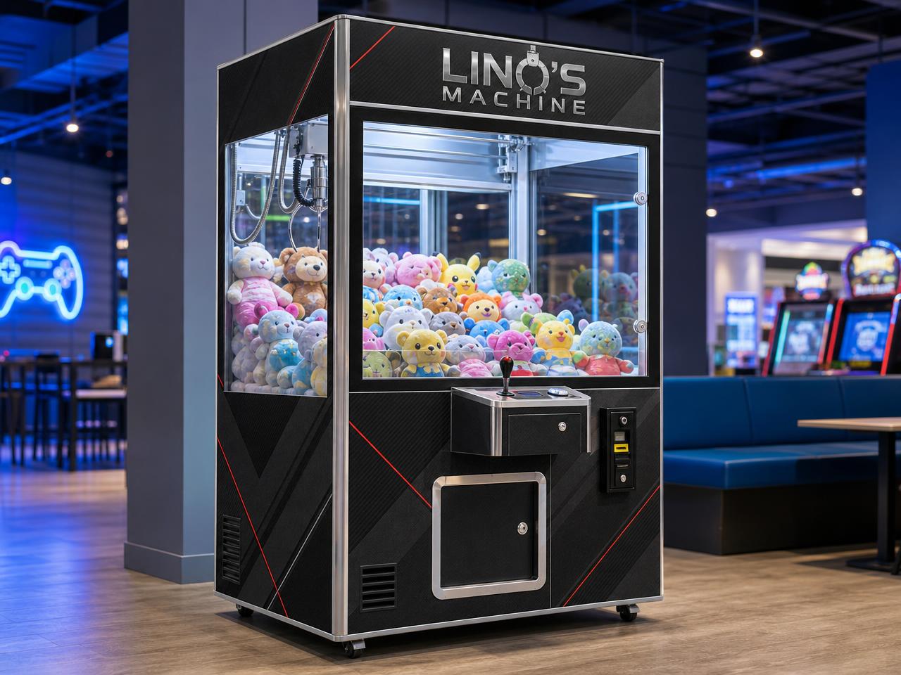 Máquina de garra de pelúcias plotada com a identidade oficial Lino's Machine