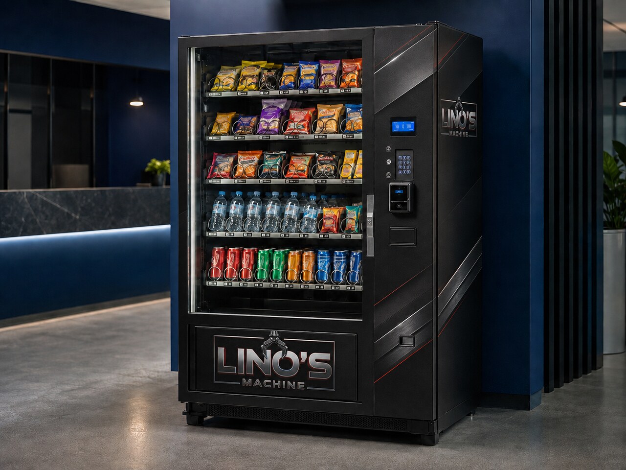 Máquina de snacks e bebidas plotada com a identidade oficial Lino's Machine